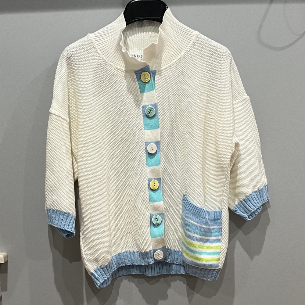 Chic Cream and Blue Button Down Women's Top